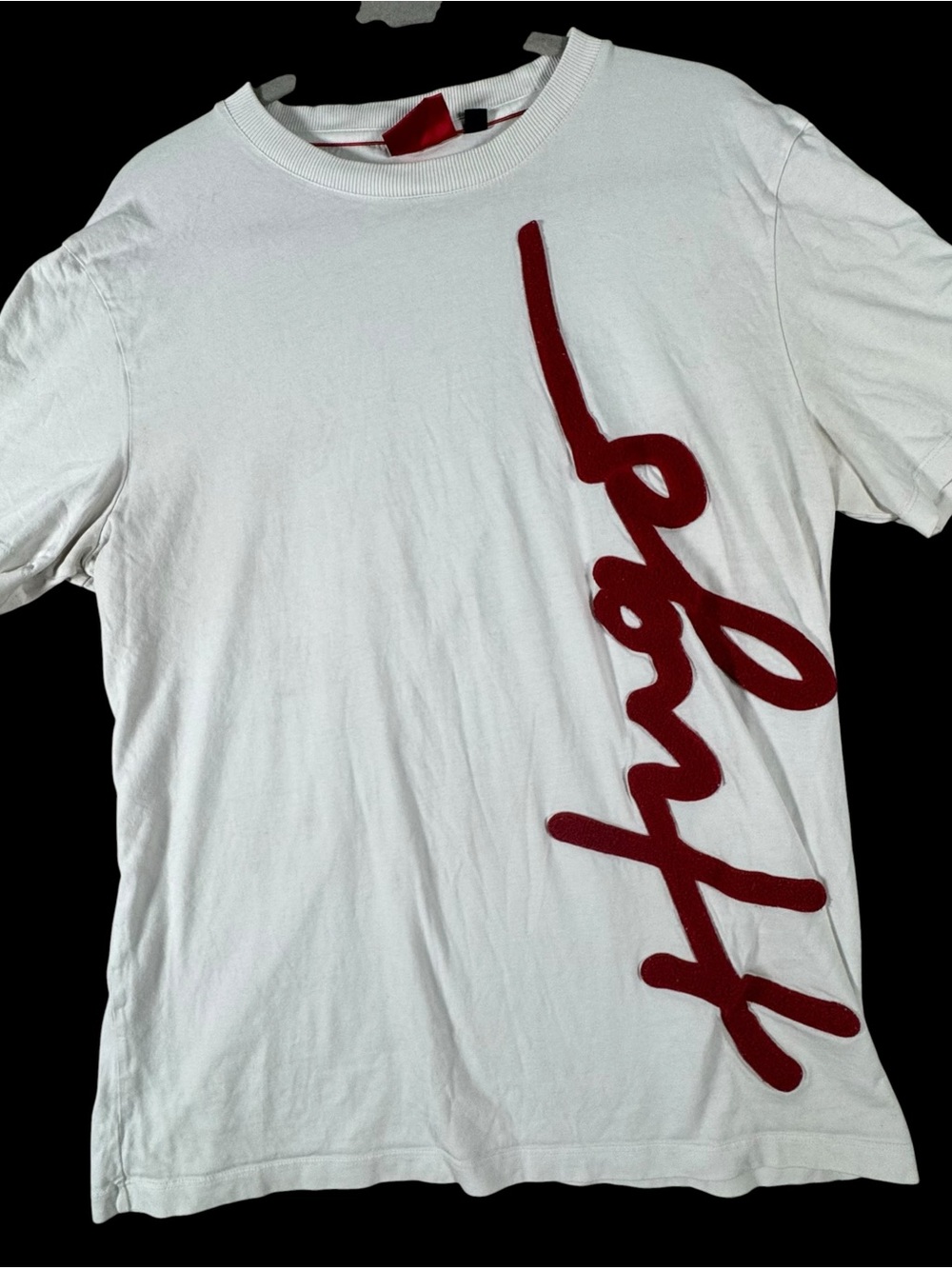 HUGO White Short Sleeve Tee with Appliqué Red Vertical Logo Script